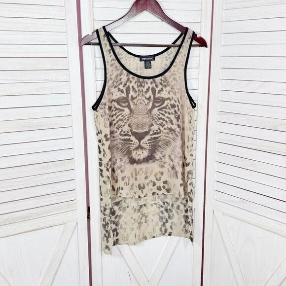Wet Seal Leopard Face Print Sheer High Low Tank Top Shirt Tan Brown Small - Picture 6 of 10
